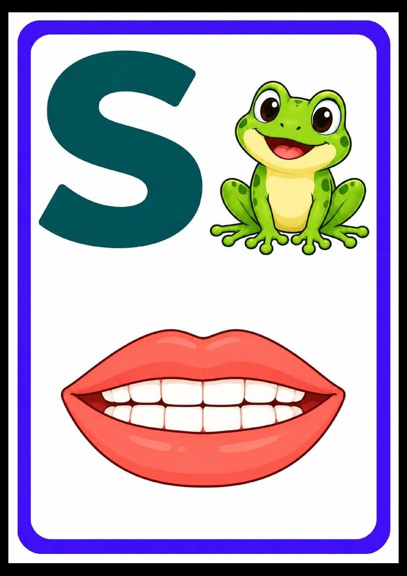 Alfabeto das boquinhas letra S com sapo verde e dentes visíveis